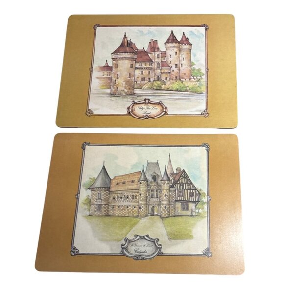 French Chateau Hardboard Placemats Felt Backing Set Of 2 Vintage 11.75" x 8.75" - Picture 1 of 7